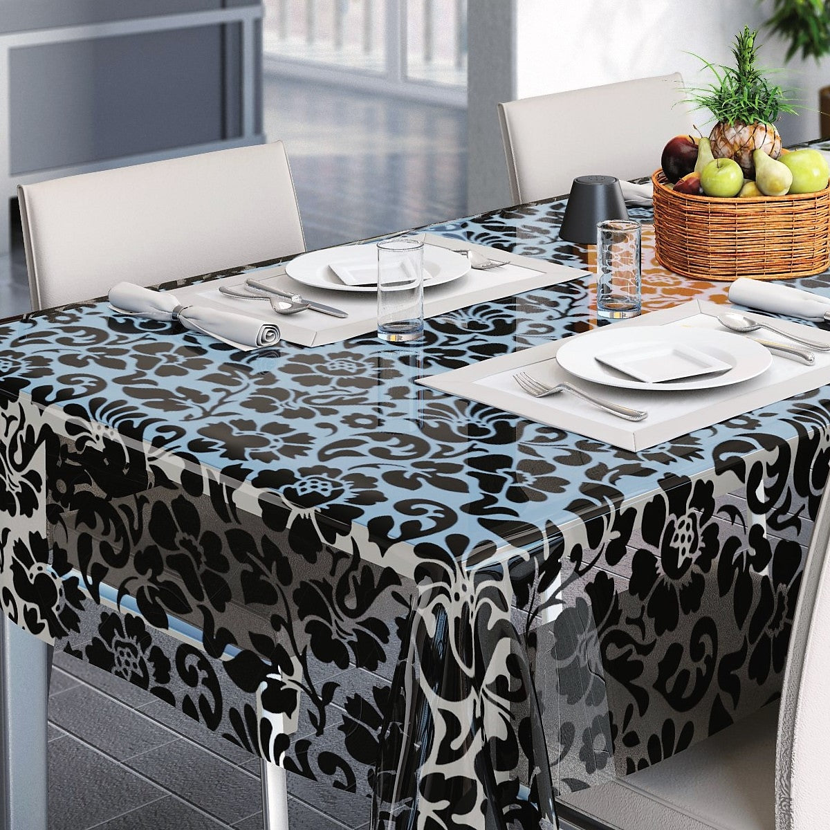 Barock, mattierte Tischfolie transparent mit schwarzen Blumen