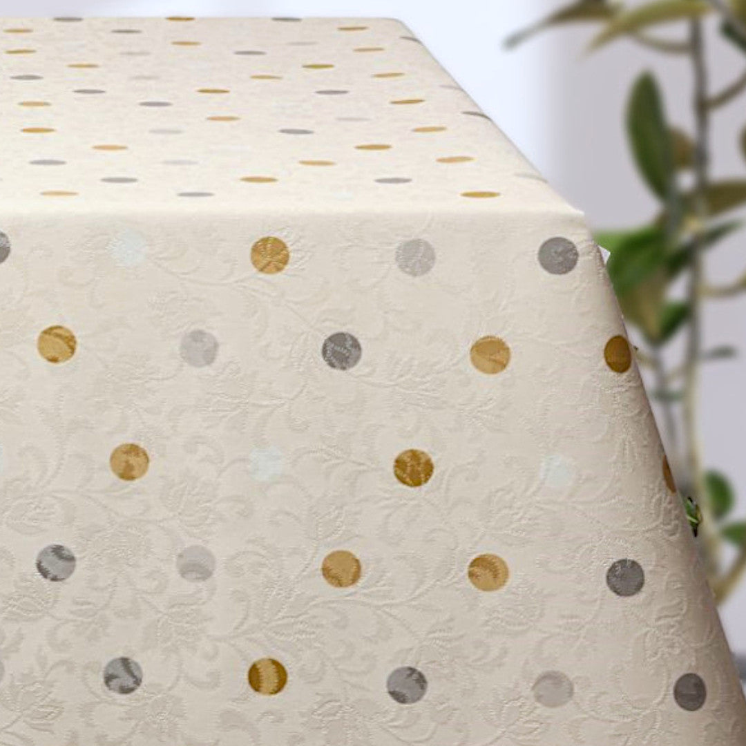 Barok Creme – Wachstuch Tischdecke mit Punkten in Gold und Silber