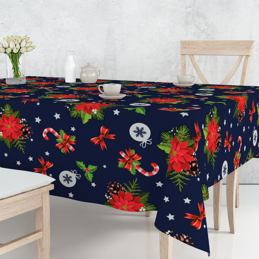 Blaues Winterfest – Wachstuch Tischdecke auf dem Tisch mit Weihnachtssternen