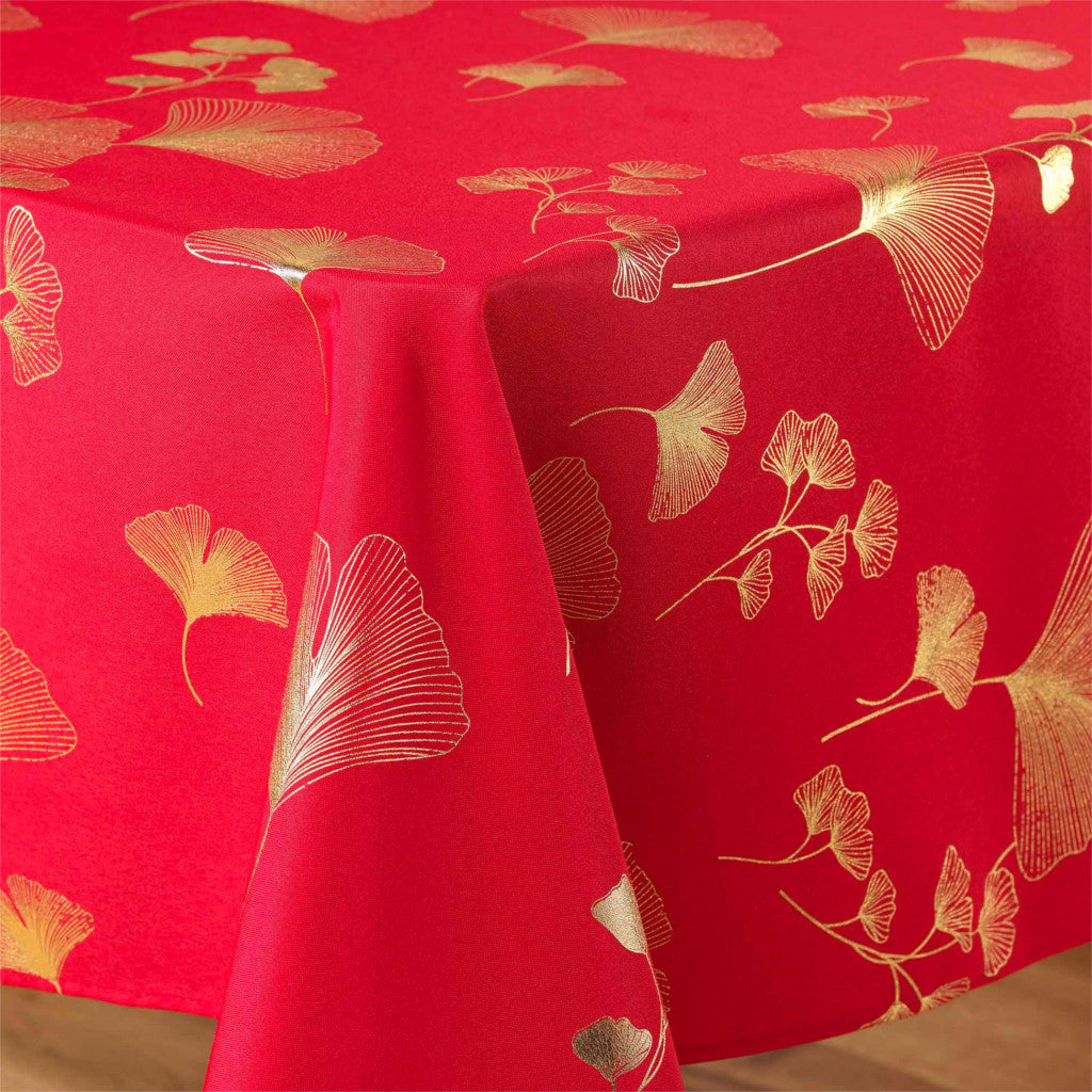 Bloomy Metallic Print - Rot/Gold - Fleckabweisende Weihnachtstischdecke, 150 x 300 cm, Ecke