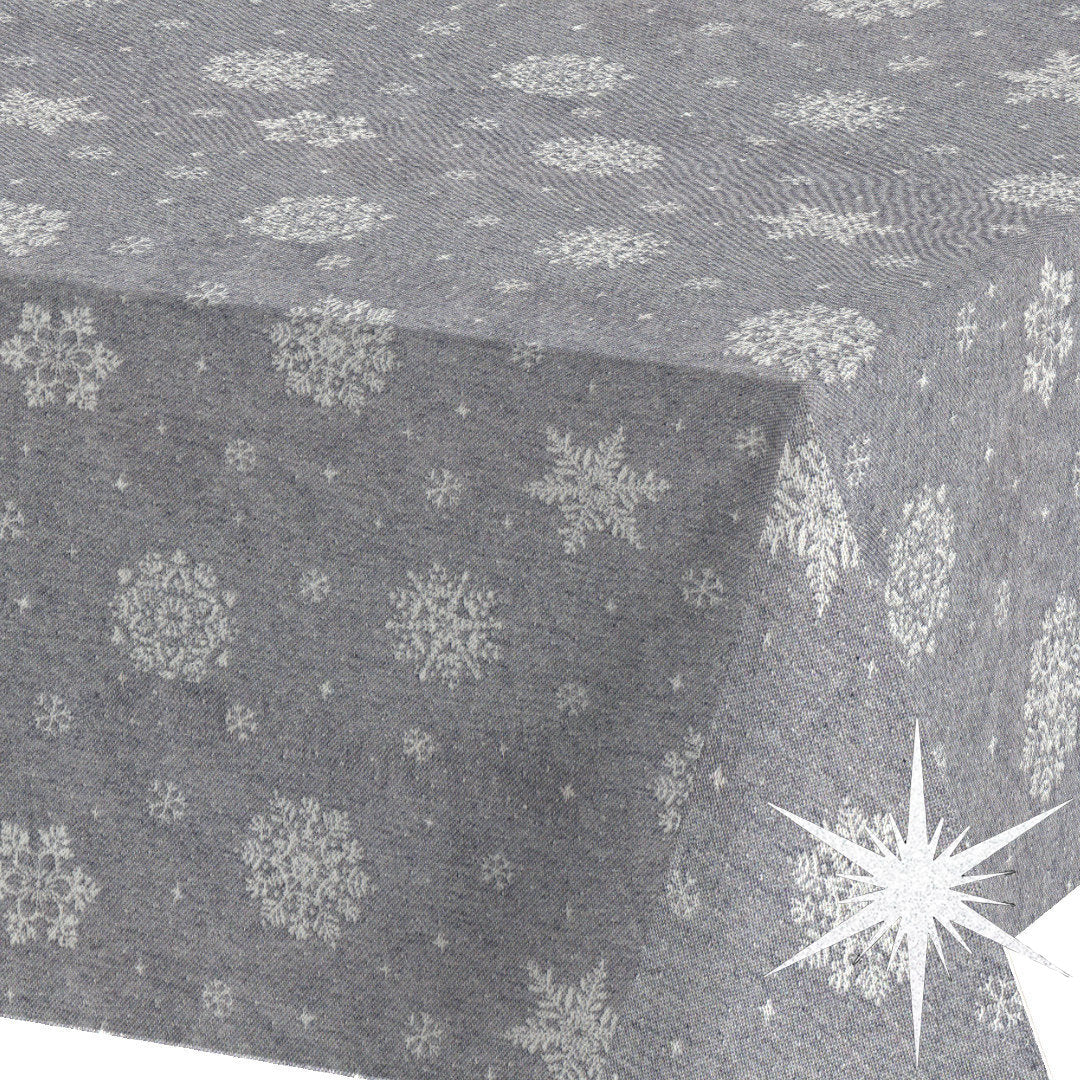 Brina Grey Silver – Graue abwaschbare Weihnachtstischdecke mit silbernen Eiskristallen