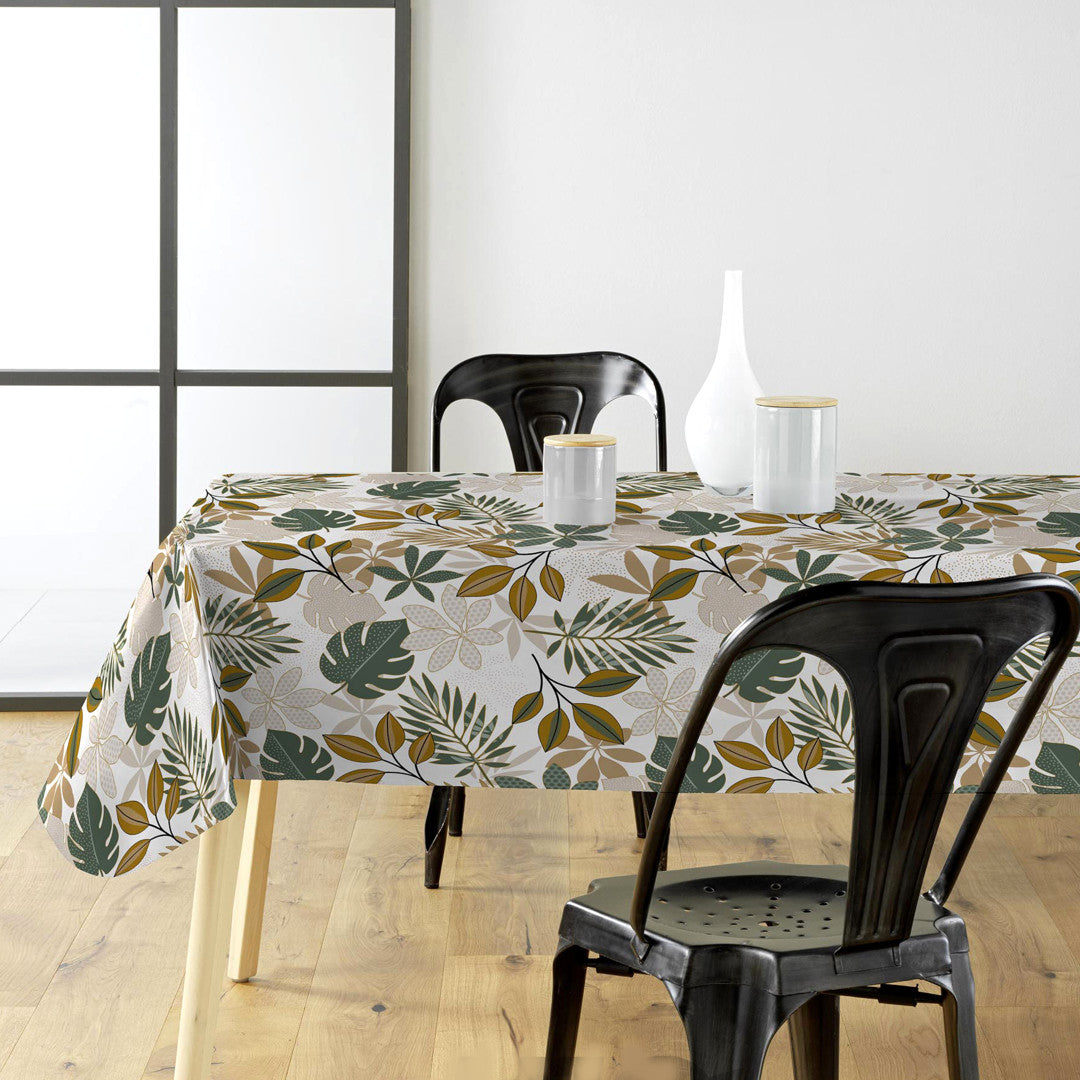Bruinelle Green Wachstuch Tischdecke mit Blättermuster in Grün und Beige in einer Ambienteaufnahme