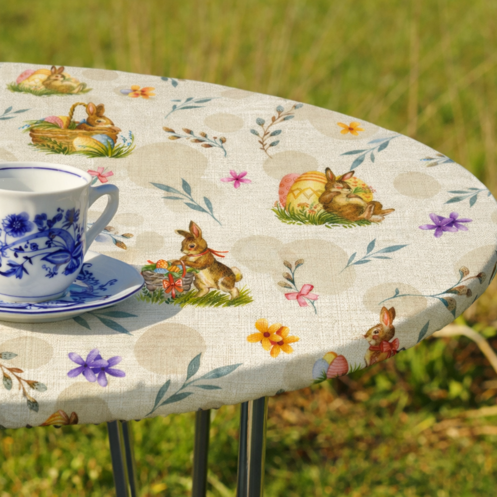 Bunny Oster-Wachstischdecke - Runde Wachstischdecke mit Gummizug