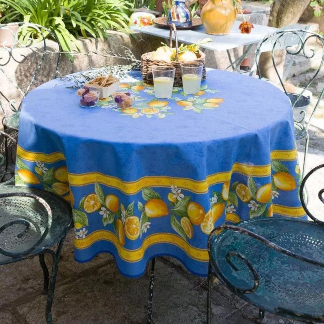 Zitrone Blau – Runde acrylbeschichtete Provence-Tischdecke Ø 180 cm