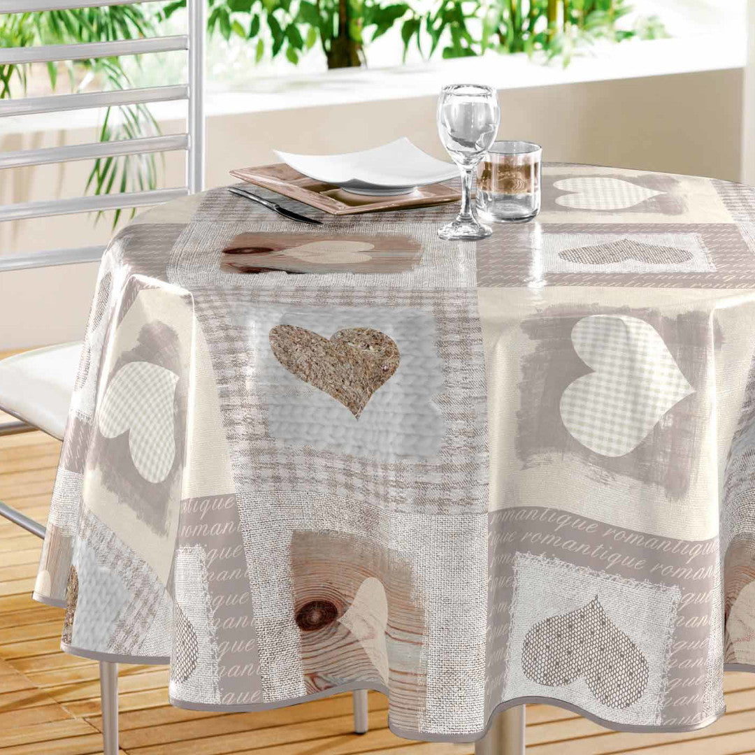 Cosy Coeur - Runde graue Wachstuch-Tischdecke mit Herzen, Ø 155 cm