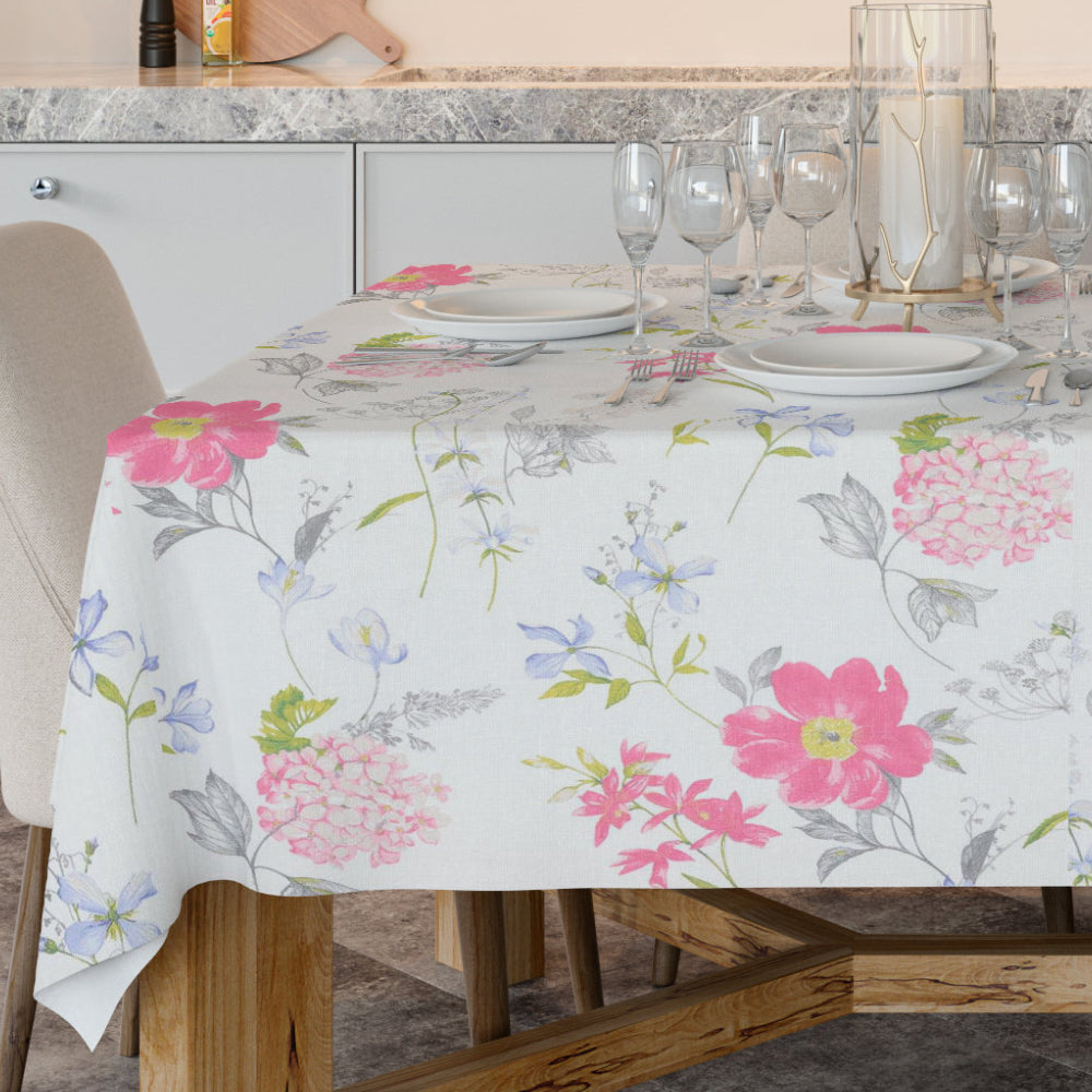 Crocus Rosa/Blau - Abwaschbare Tischdecke mit schönen Blumen - 100% Leinen