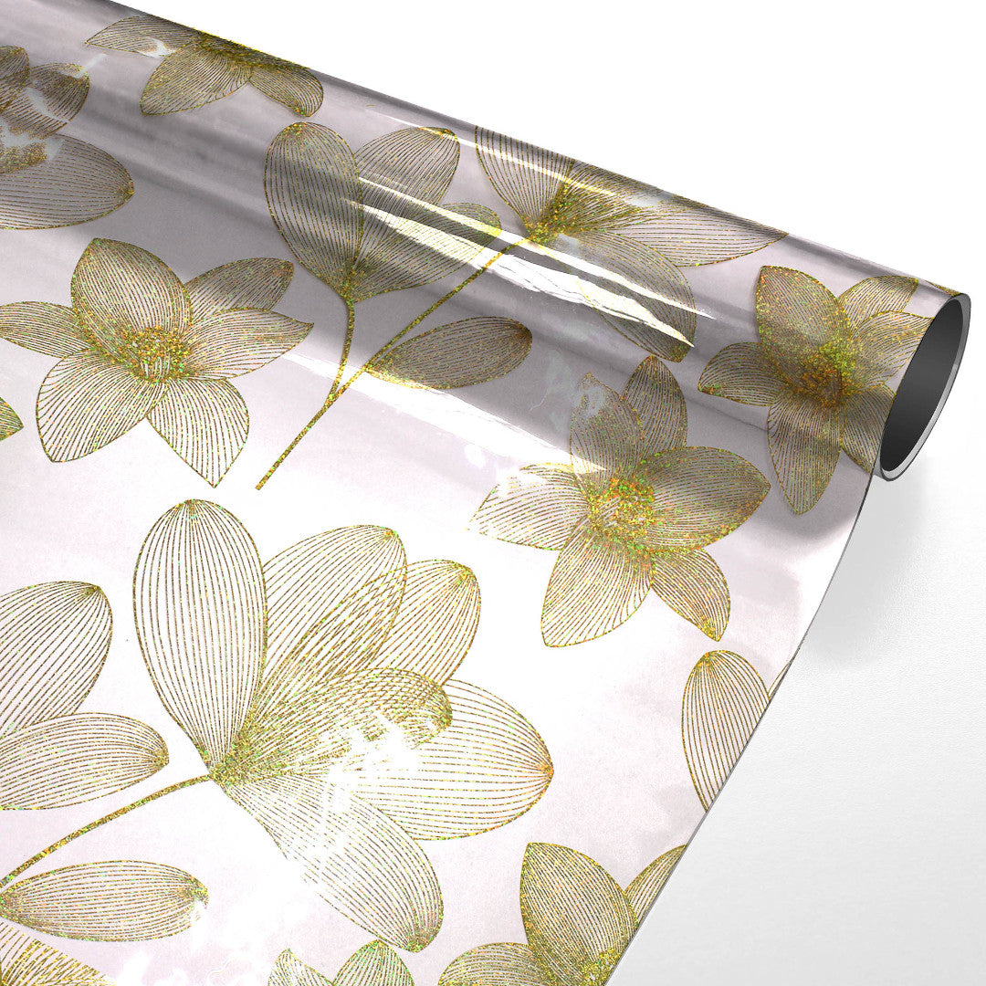 Danela Gold Glitter - Starke Tischfolie transparent, Blumen in Linienoptik und Glitzereffekt