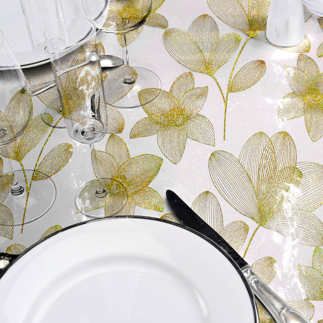 Nahaufnahme, Danela Gold - Starke Tischfolie transparent, Blumen in Linienoptik und Glitzereffekt, aufgerollt