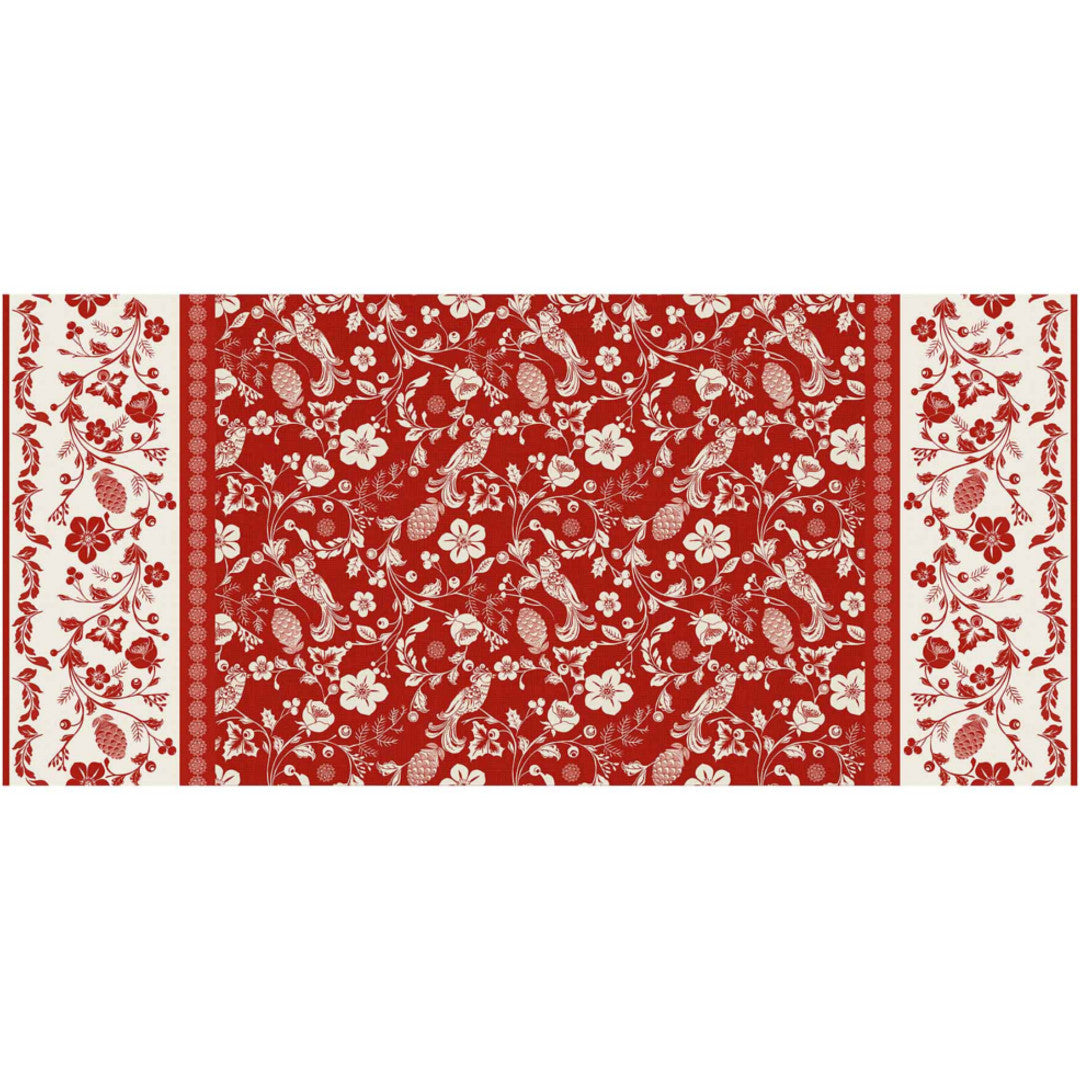 Daphne Rot – Wachstuch Tischdecke mit Blumen, Beeren und Vögeln
