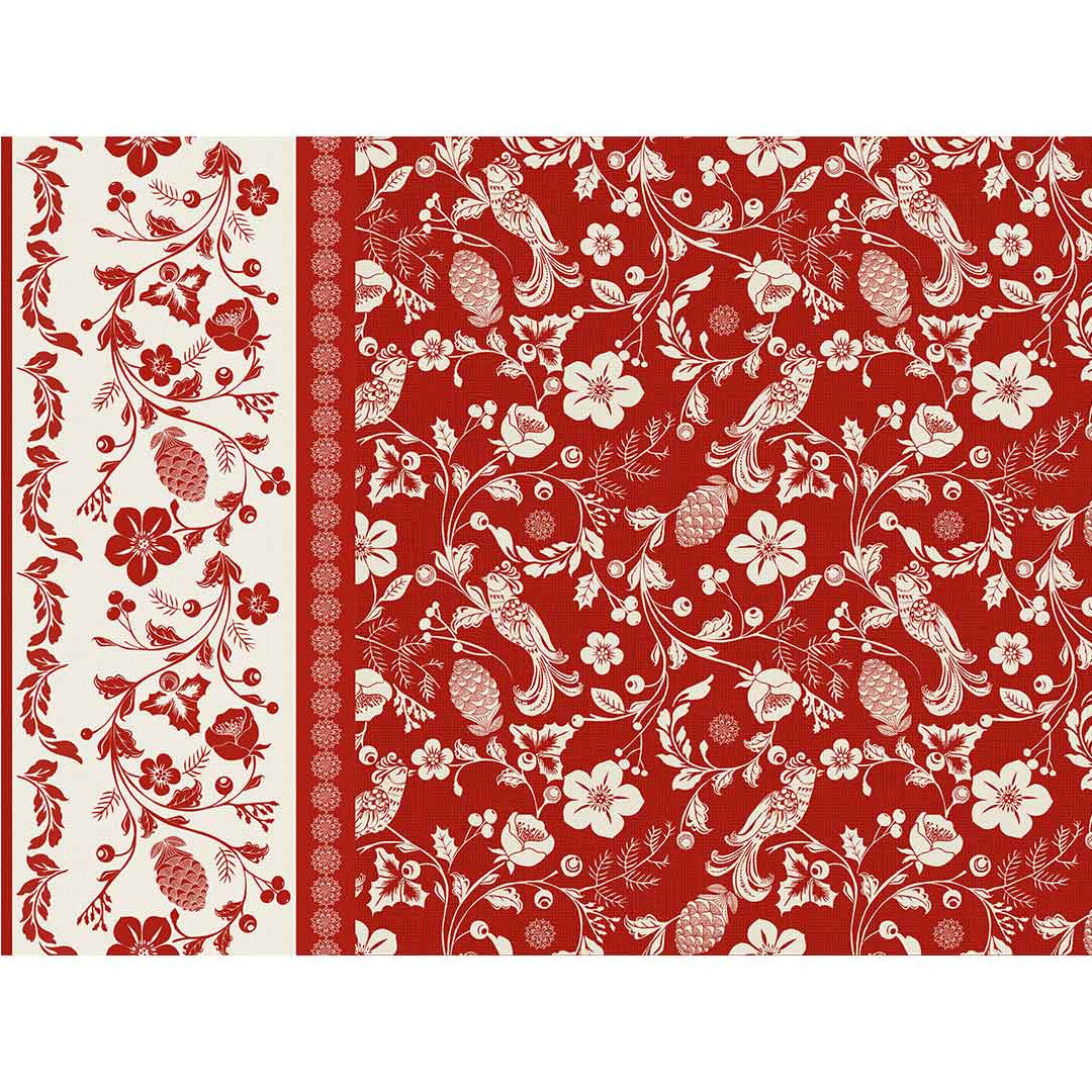 Daphne Rot – Wachstuch Tischdecke mit Blumen, Beeren und Vögeln