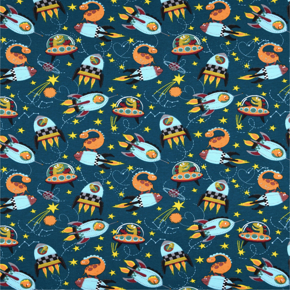 Dinofuzzy Blaugrün - Abwaschbare Tischdecke mit Raumschiffen 155 cm breit