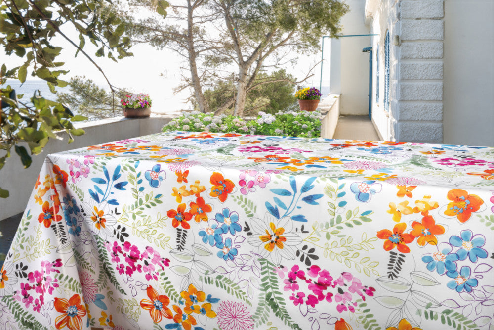 Dufthaven - Weiße Wachstuch Tischdecke mit bunten Blumen, 160 cm breit