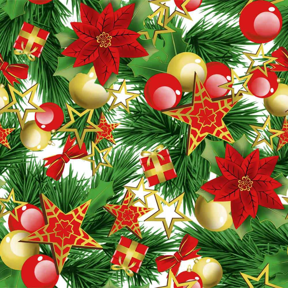 Estrella Christmas Time – Abwaschbare Weihnachtstischdecke mit Tannengrün, Weihnachtskugeln, Schleifen und Geschenken