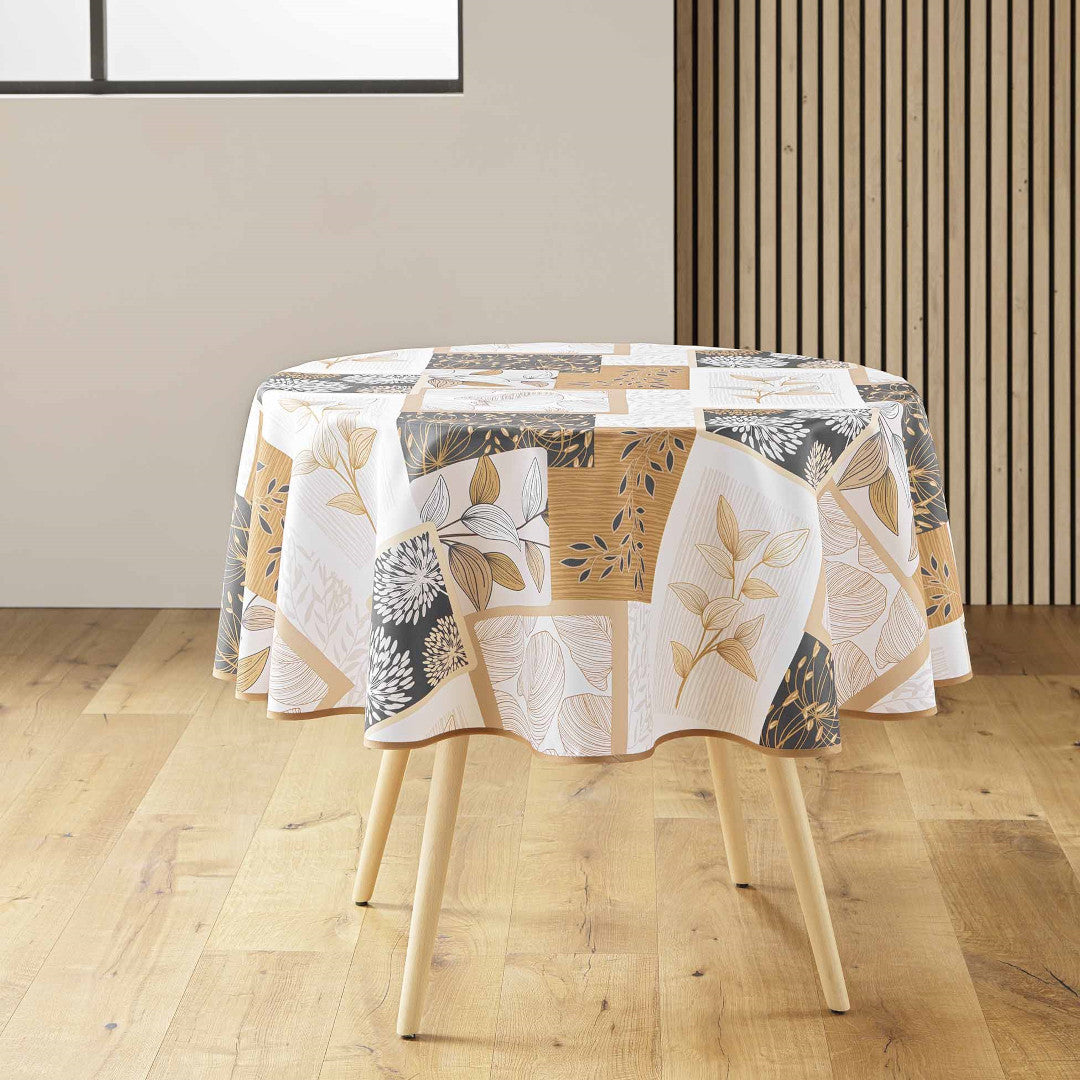 Runde Tischdecke mit Blattmustern in Sand und Grau
