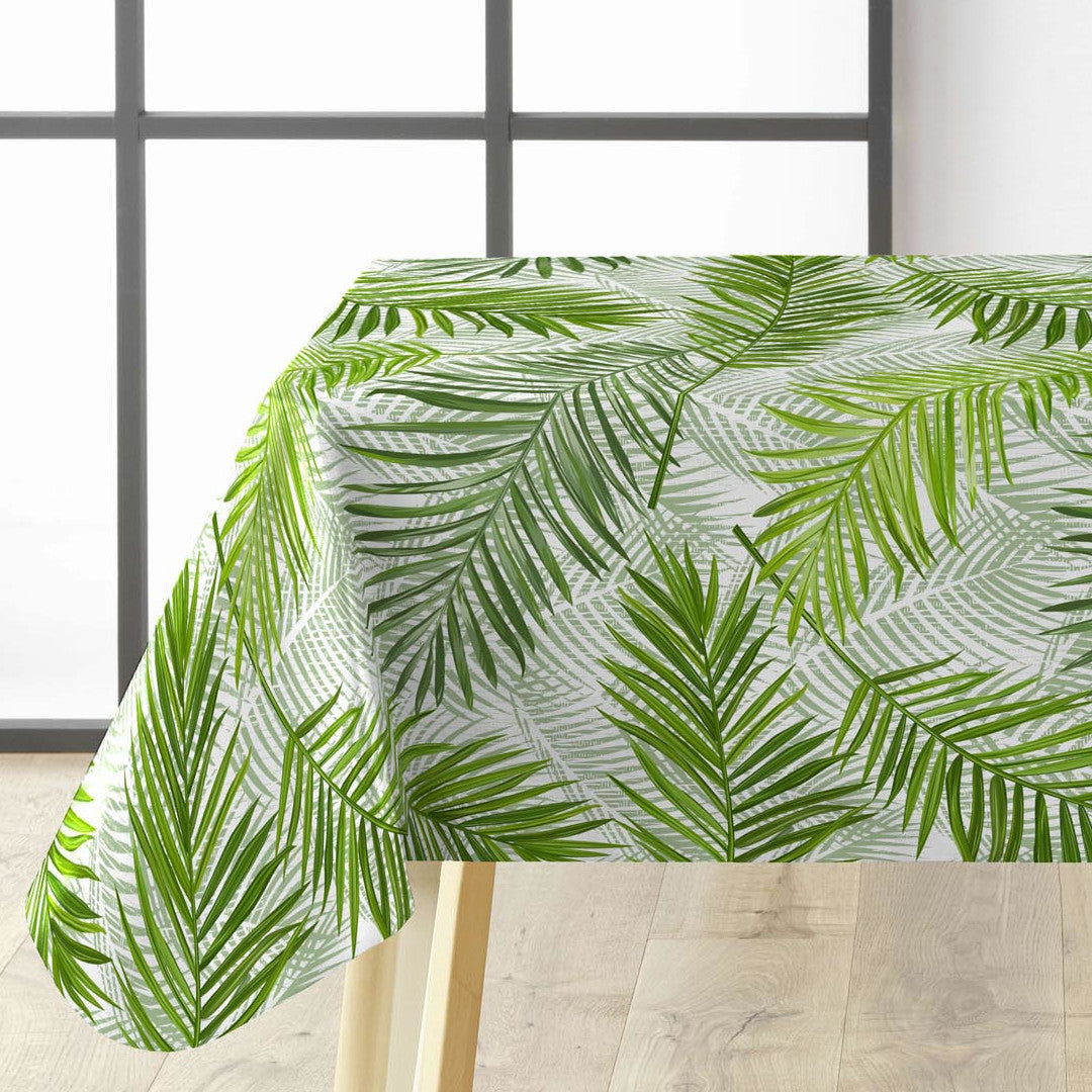 Feuilles Green - Wachstuch Tischdecke mit schönen grünen Palmblättern, Eckaufnahme