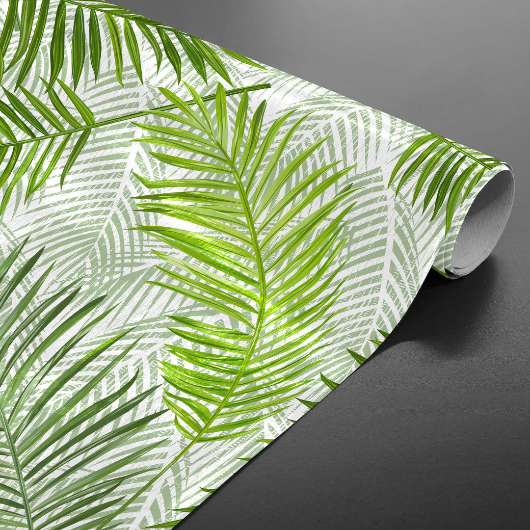Feuilles Green - Wachstuch Tischdecke mit schönen grünen Palmblättern, aufgerollt