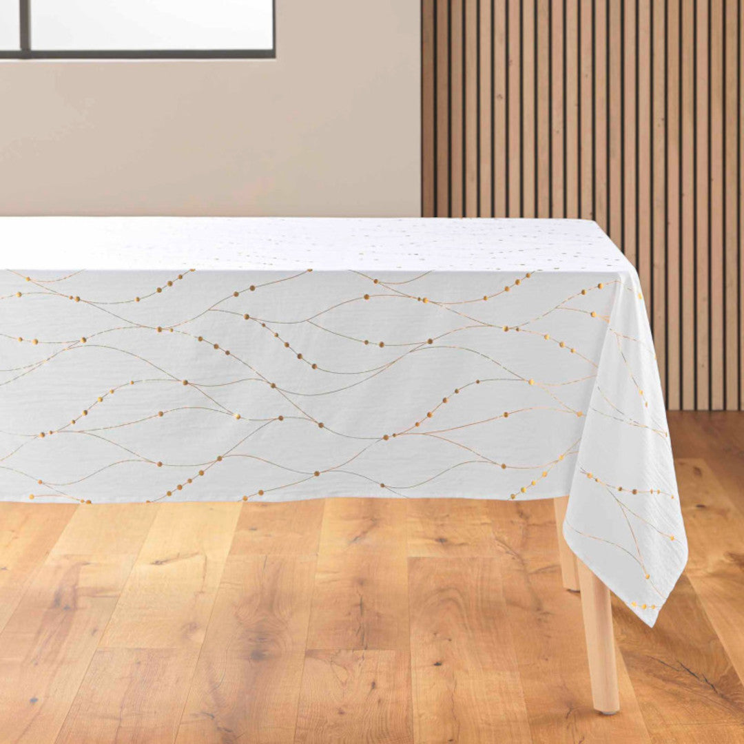 Firmament Metallic Print Weiß/Gold – Weiße Neujahrs-/Weihnachtstischdecke mit Golddruck, 140 x 240 cm, Ecke