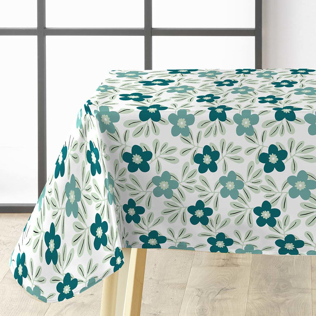 Flory Blue - Elegante Wachstuch Tischdecke mit frischen blauen Blumen, Ecke