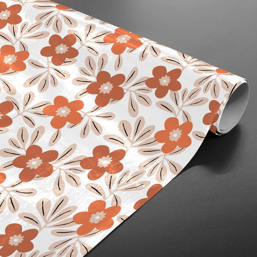 Flory Orange – Schöne Wachstuch Tischdecke mit Blumen in warmen Nuancen, aufgerollt