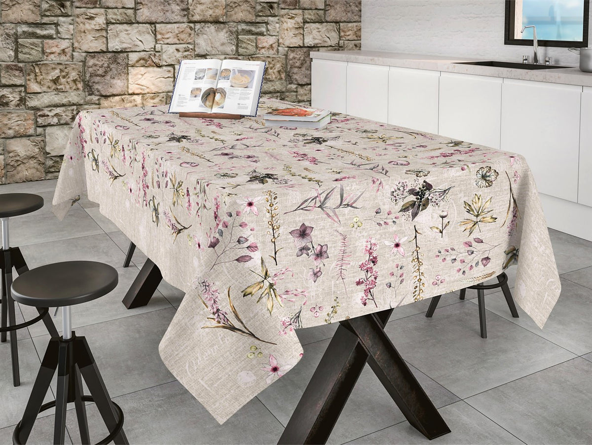 Abwaschbare Tischdecke für den Frühling – mit rötlichen Blumen, 160 cm breit