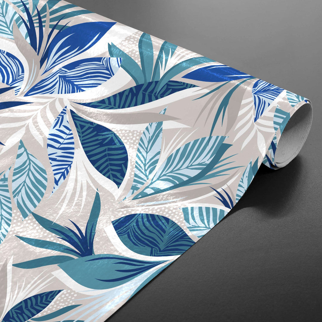 Gerollte Funky Blue Jungle Wachstuch Tischdecke mit lebhaften blauen Blättern