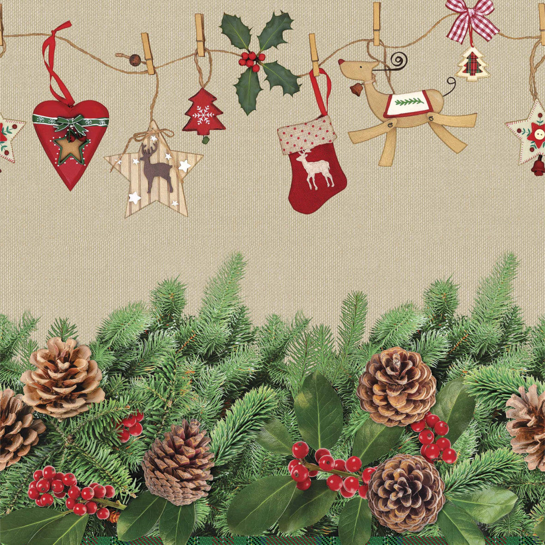 Tannenzweige und Zapfen - Helle Wachstuch Tischdecke für Weihnachten mit schöner Stoffoptik