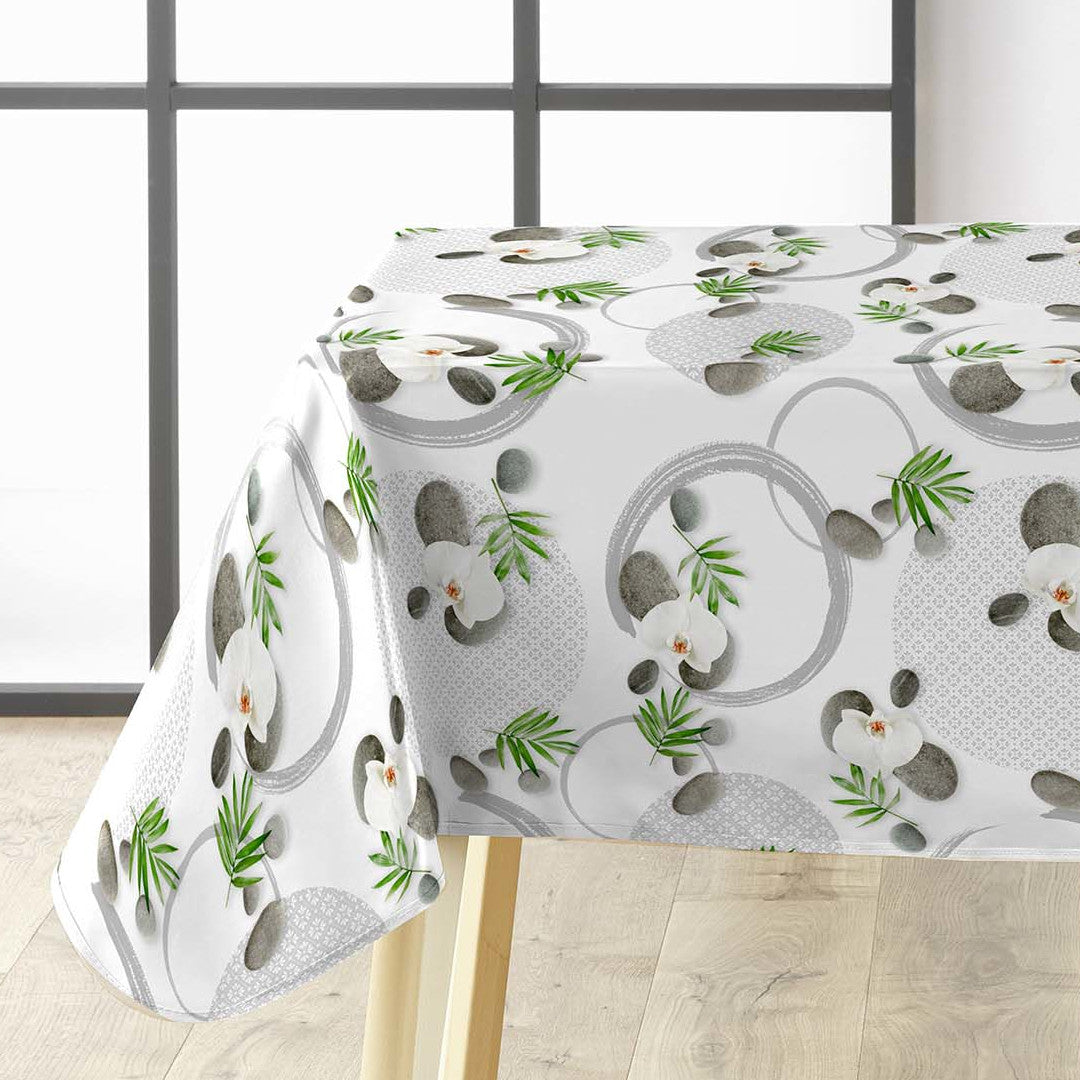 Gravity – Ruhige Wachstuch Tischdecke mit Orchideen und Steinen