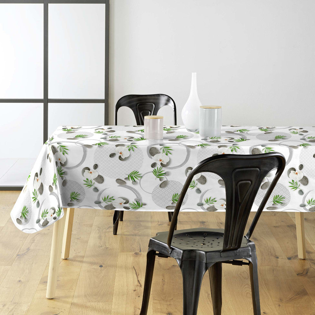 Gravity – Ruhige Wachstuch Tischdecke mit Orchideen und Steinen