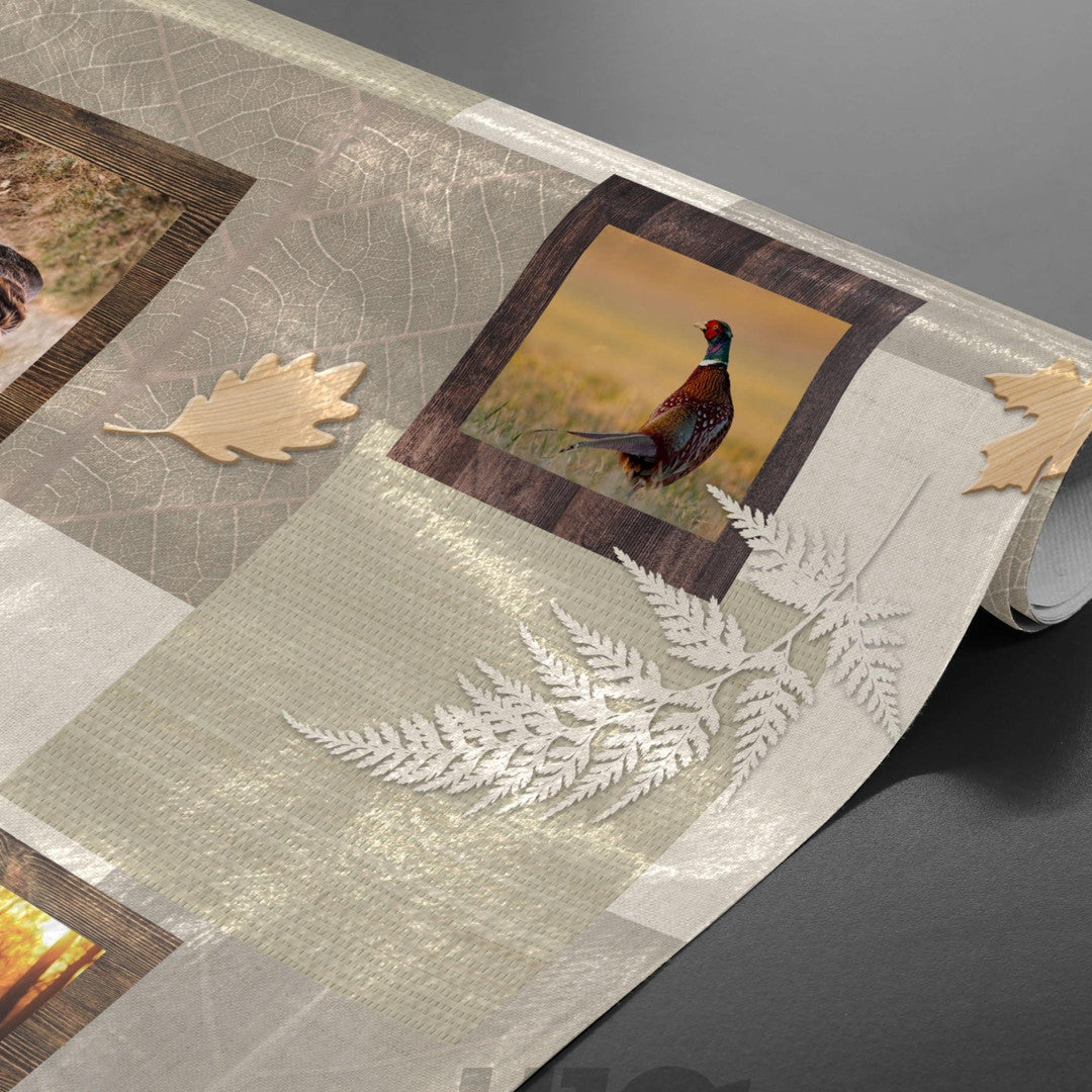 Hunting Mind - Wachstuch Tischdecke mit Rotwild und Jagdmotiven, aufgerollt