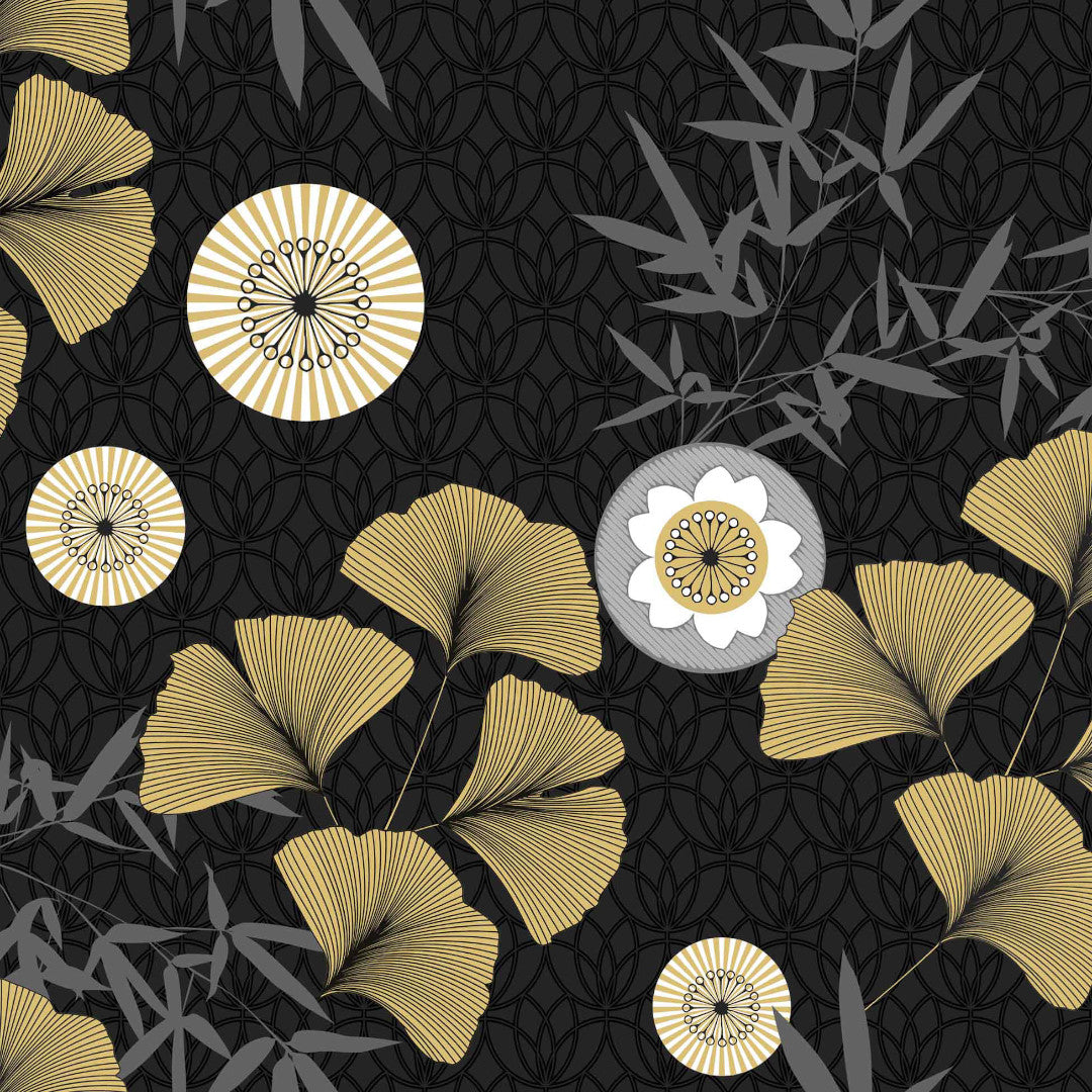 Japonica Black - Wachstuch Tischdecke mit schönen Ginkgo-Biloba-Blättern in Gold
