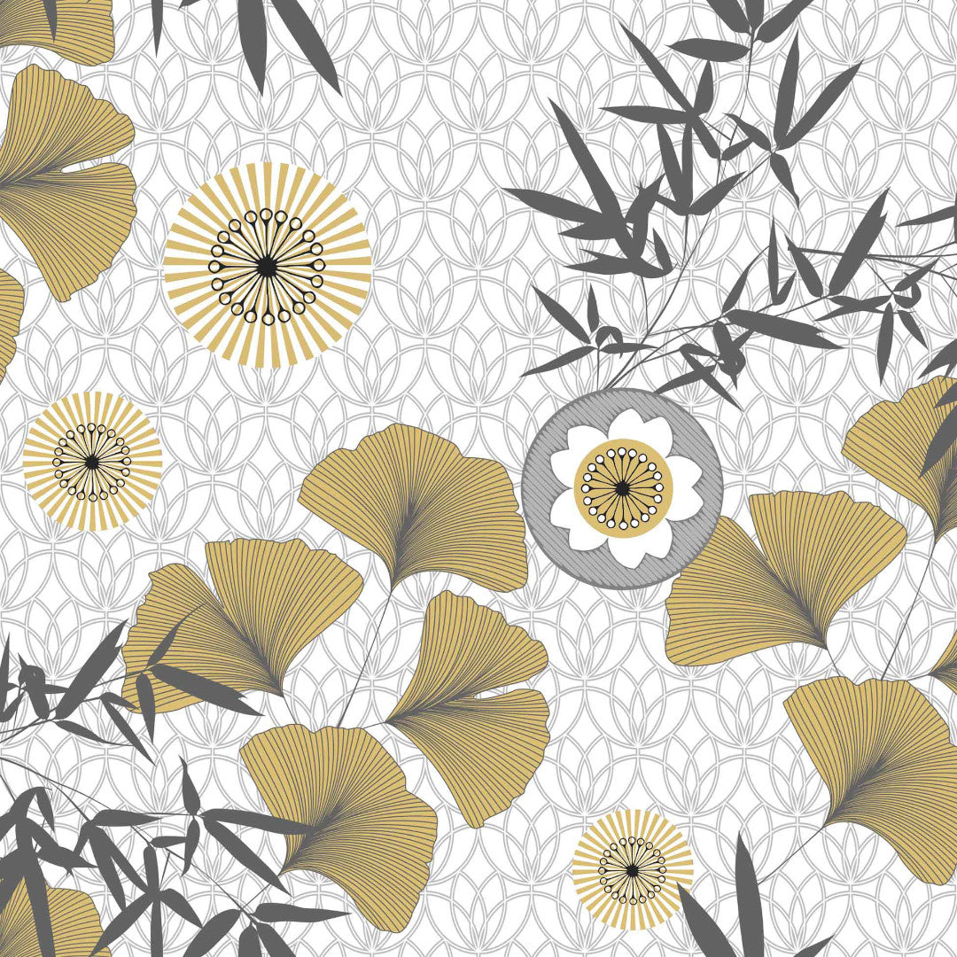 Japonica White – Wachstuch Tischdecke mit schönen Ginkgo-Biloba-Blättern in Gold