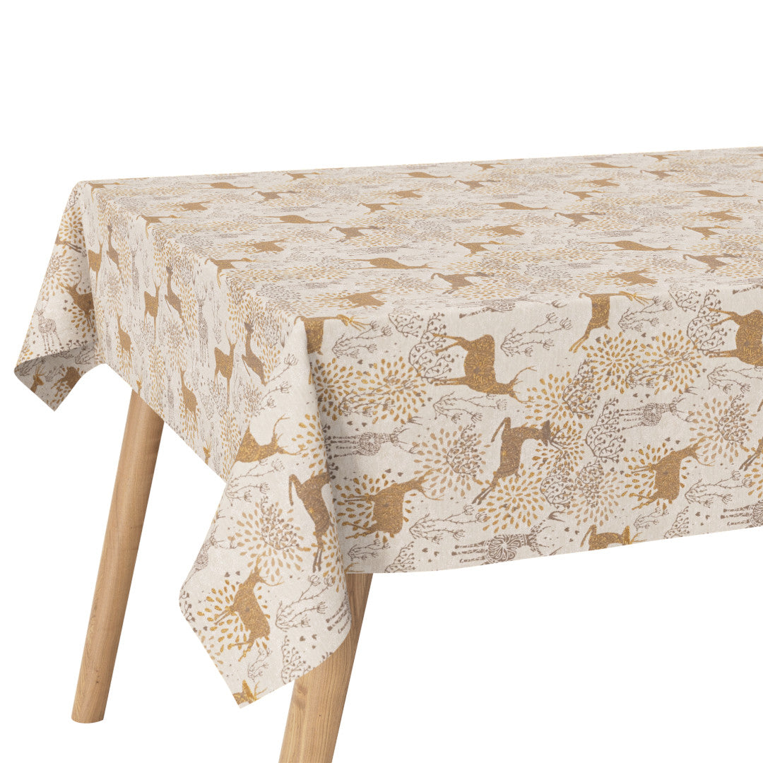 Eckaufnahme der Weihnachtstischdecke Golden Reindeers mit goldgemusterten Rentieren