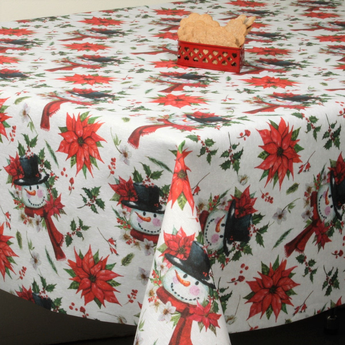 Weihnachtstischdecke – abwaschbare Tischdecke mit Schneemann und Weihnachtssternen
