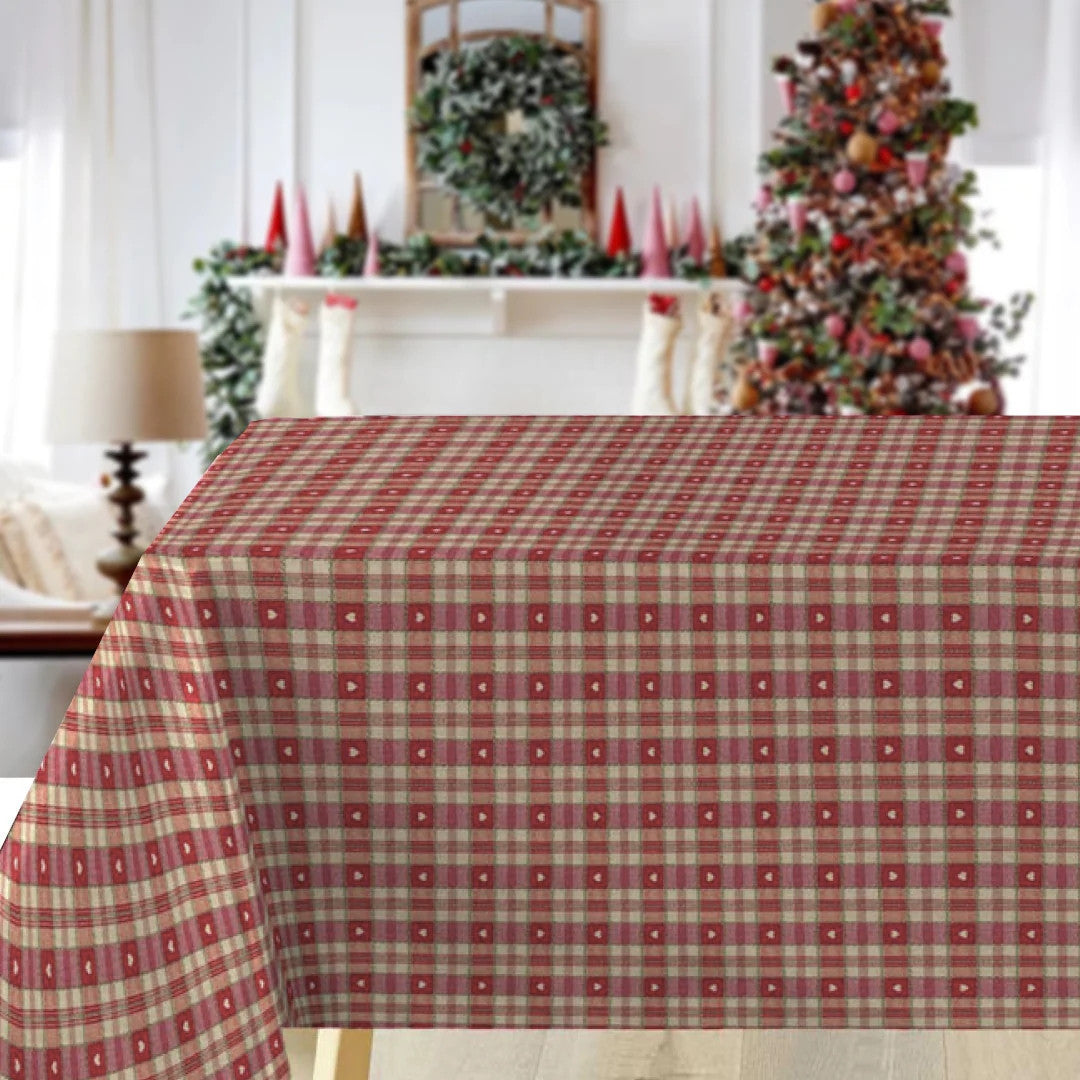 Weihnachtsstimmung Kariert – Wachstuch Tischdecke mit roten Karos und Herzen im Tischarrangement