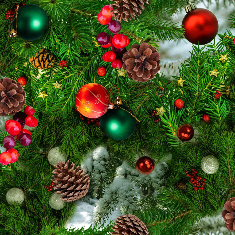 Schöne Wachstuch Tischdecke für Weihnachten mit farbenfrohem Weihnachtsschmuck