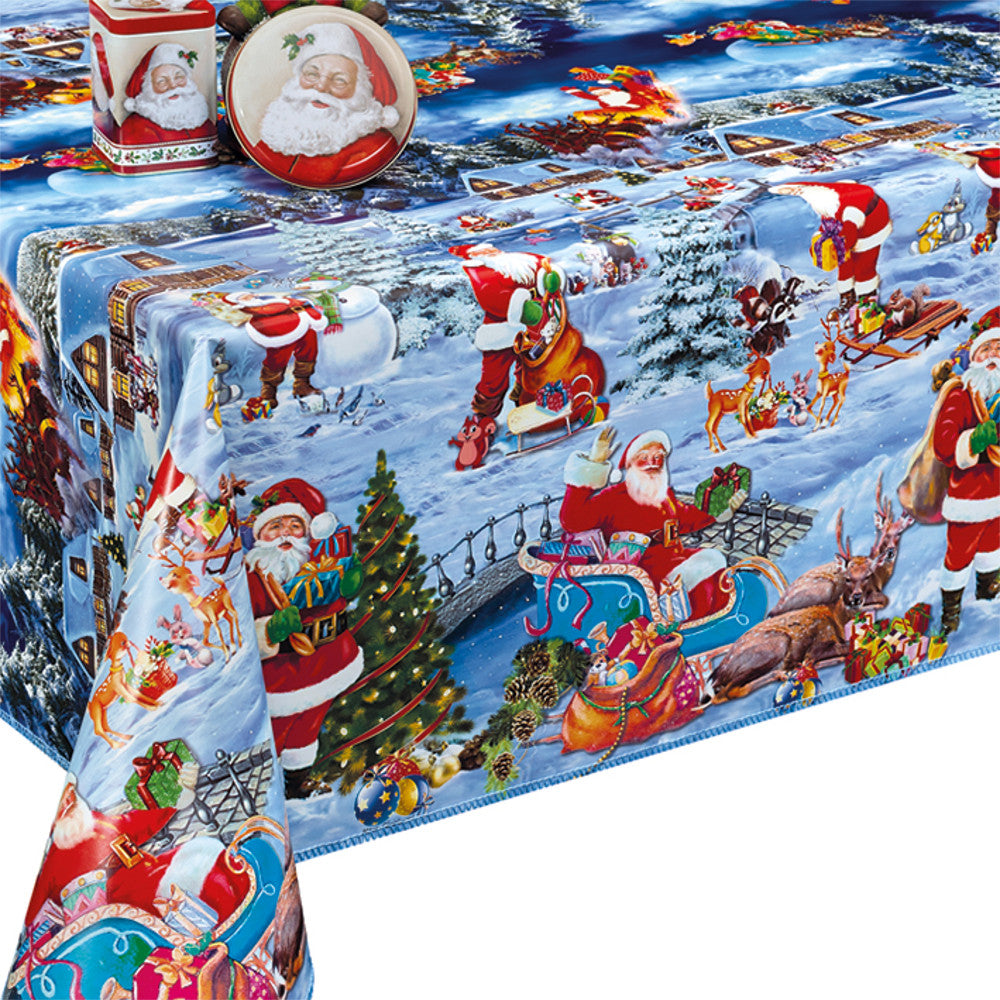 Wachstuch Tischdecke für Weihnachten - HO HO HO Weihnachtsmann bei der Arbeit