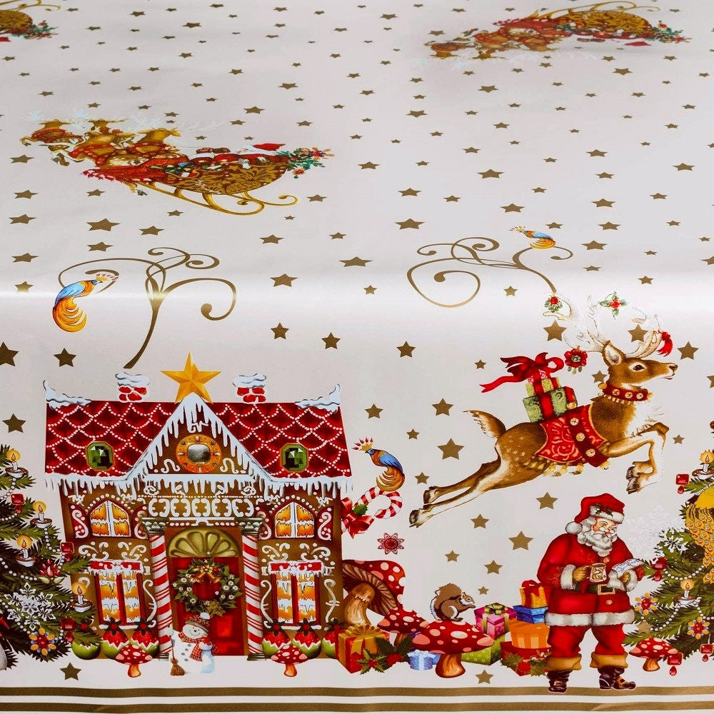 Wachstuch Tischdecke Weihnachten – Weihnachten im Lebkuchenhaus, weiß, 140 cm breit