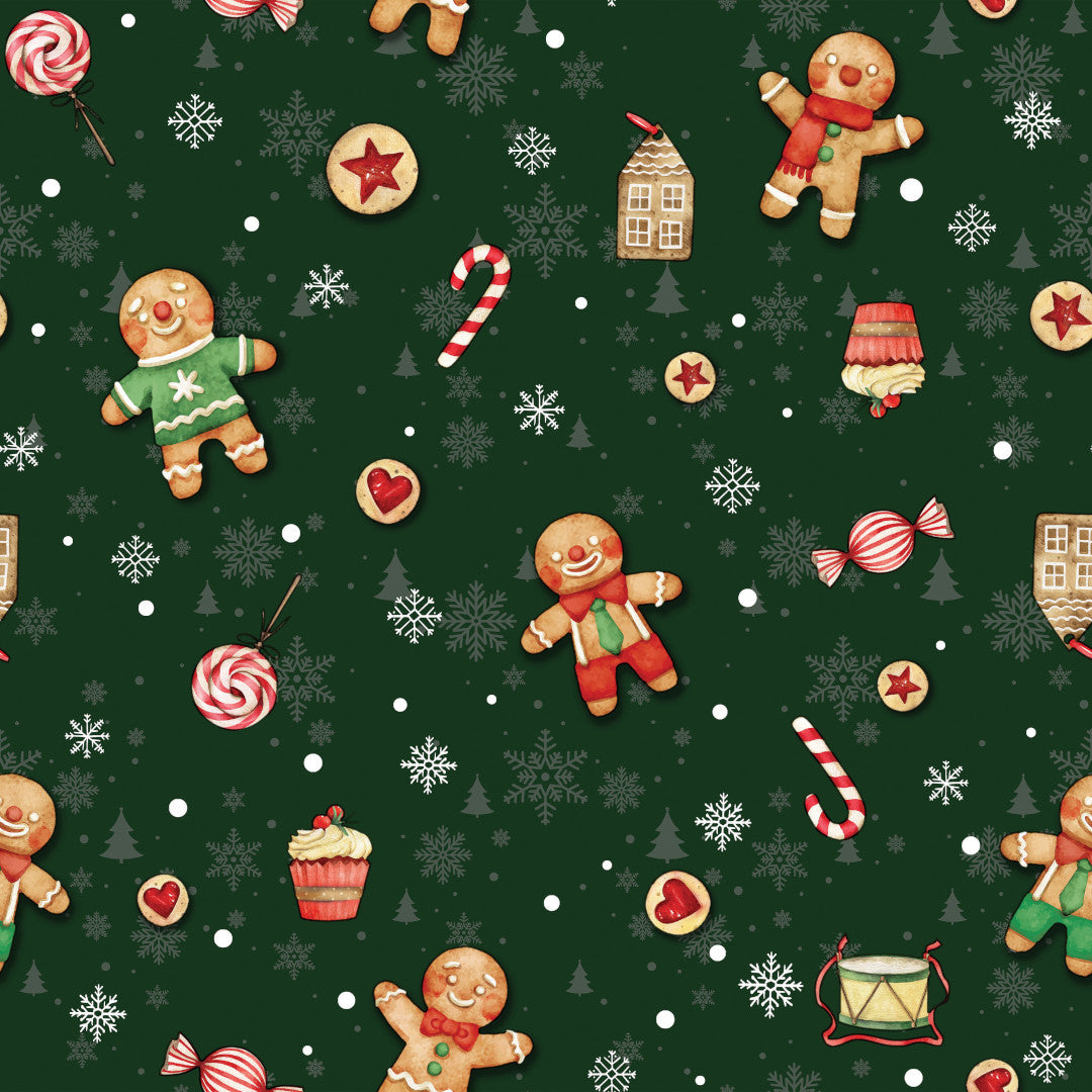 Wachstuch Tischdecke für Weihnachten – Weihnachtsleckereien, Lebkuchenmännchen und -frauen – Grün