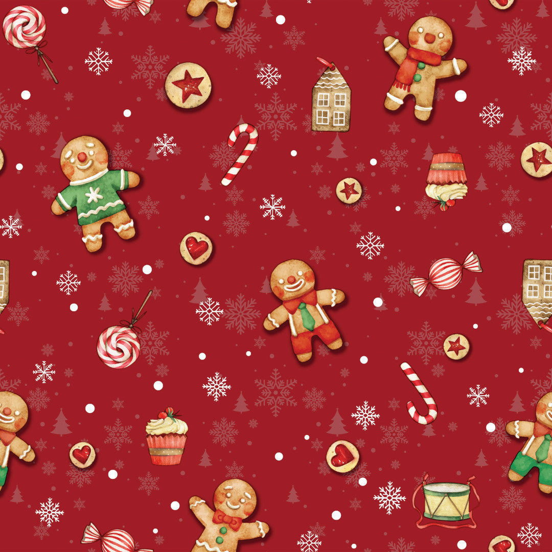 Wachstuch Tischdecke für Weihnachten - Weihnachtsleckereien, Lebkuchenmännchen und -frauen - Rot