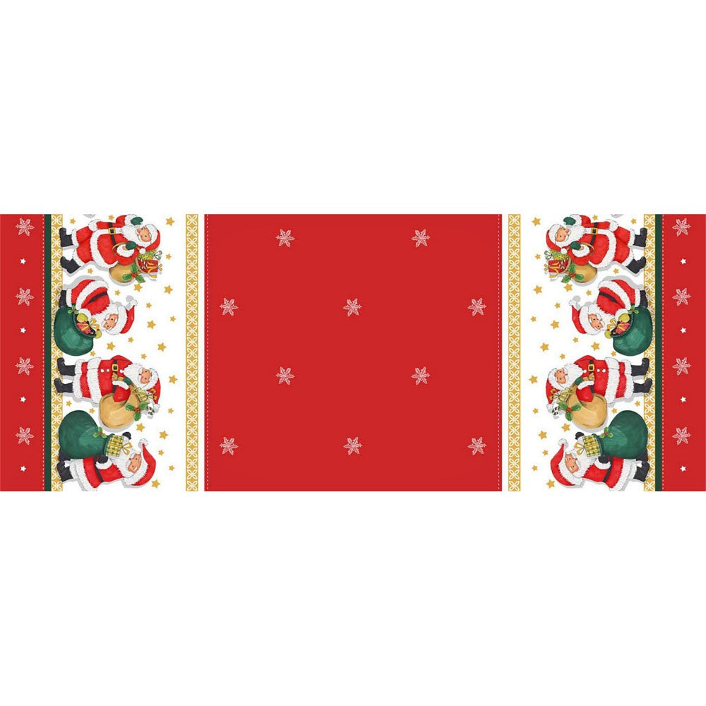 Weihnachtsmann mit Geschenken – rote Wachstuch Tischdecke für Weihnachten mit Weihnachtsmännern