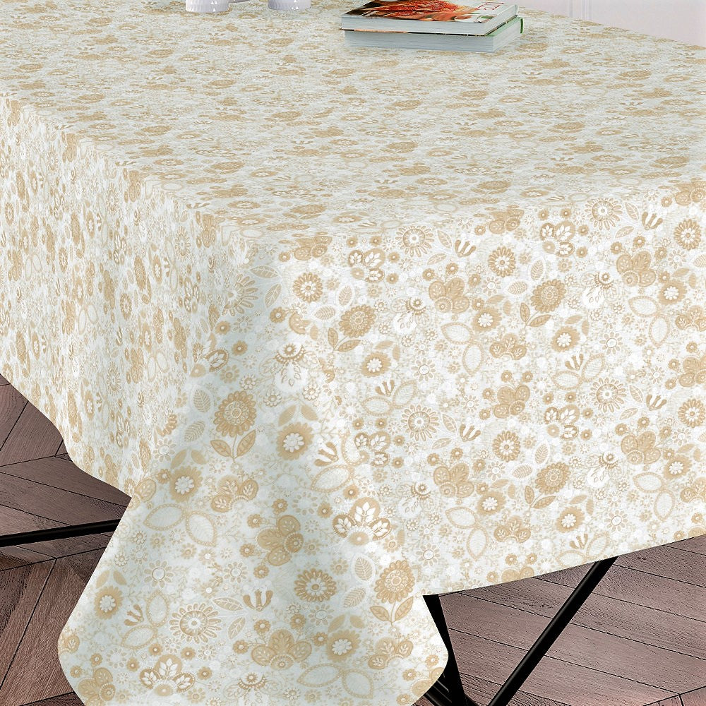 Klee – abwaschbare Tischdecke mit schönen Blumen in Hellbeige, 140 cm