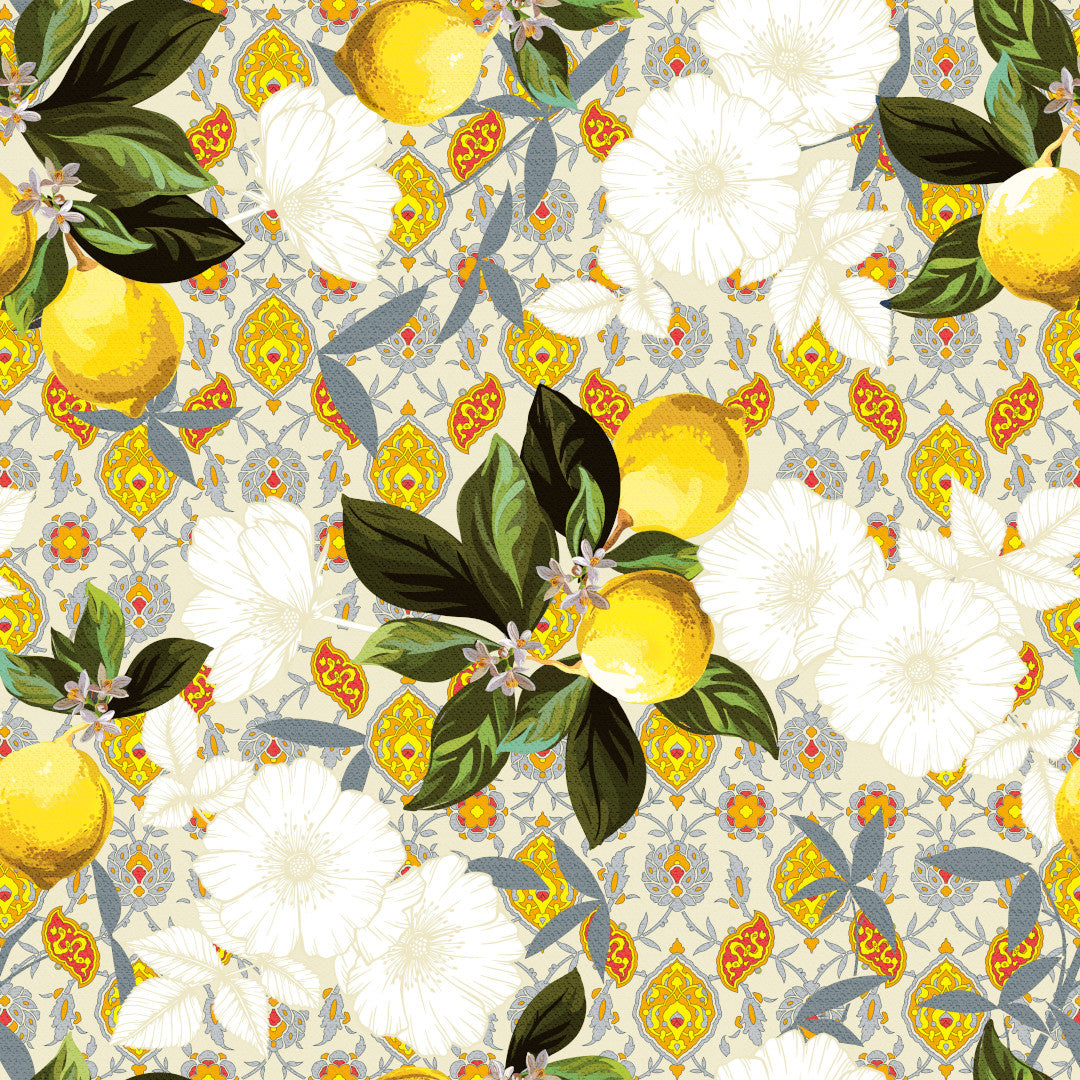 Lemon Siena – Wachstuch Tischdecke mit Zitronen und italienischem Muster