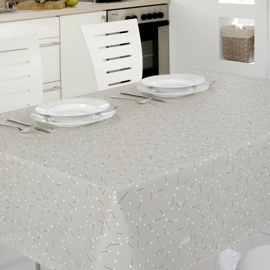 Light Me Up - 160 cm breite graue Wachstuch Tischdecke mit Strich und Punkt