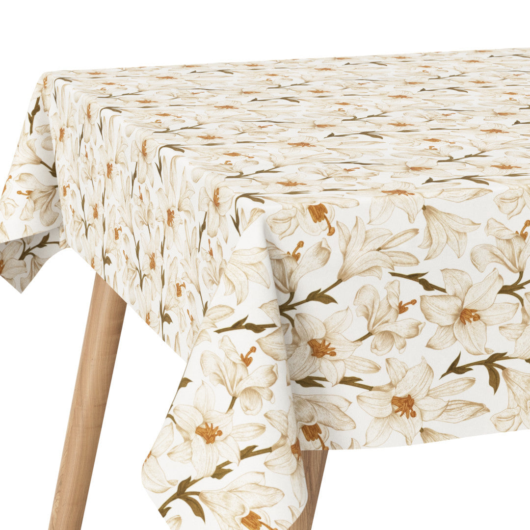 Liljeflor Weiß/Beige – Eckaufnahme der abwaschbaren Tischdecke mit Blumen