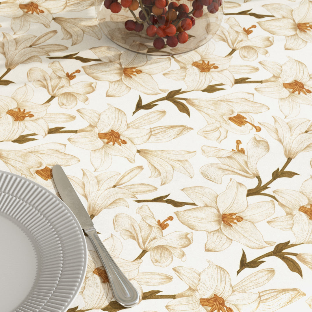 Nahaufnahme von Liljeflor Weiß/Beige, abwaschbare Tischdecke mit Lilien
