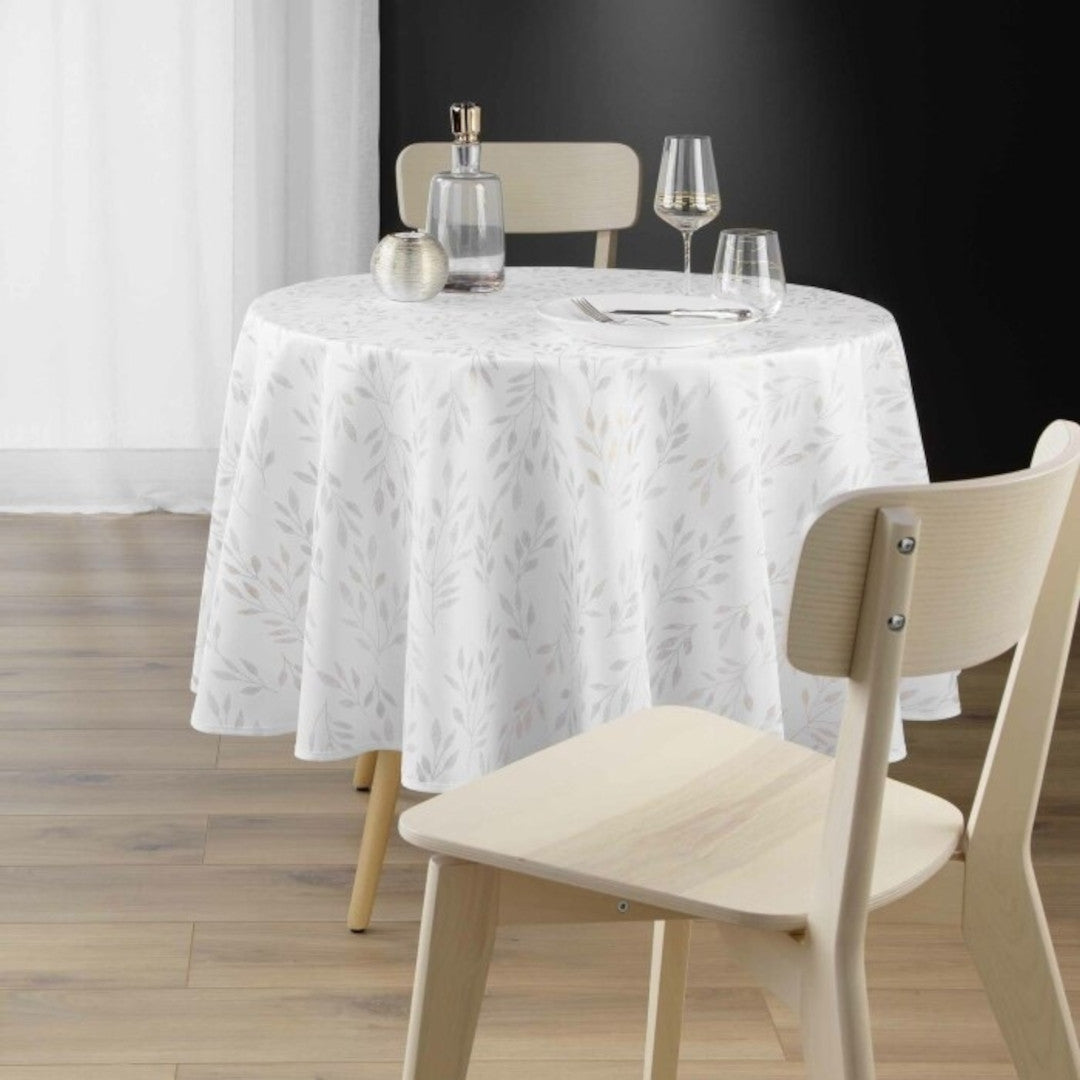 Lonigold Naturel Ø 180 cm - Runde Tischdecke mit Blattmuster und Fleckschutz, Ambiente