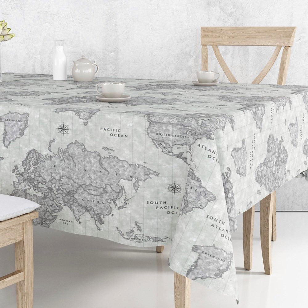 Map Mundi Grau, abwaschbare Tischdecke mit Weltkarte
