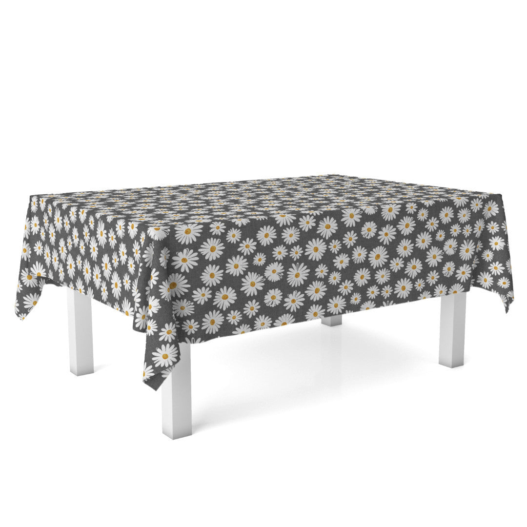 Margarita Anthrazit - Abwaschbare Tischdecke mit Margeriten, auf dem Tisch