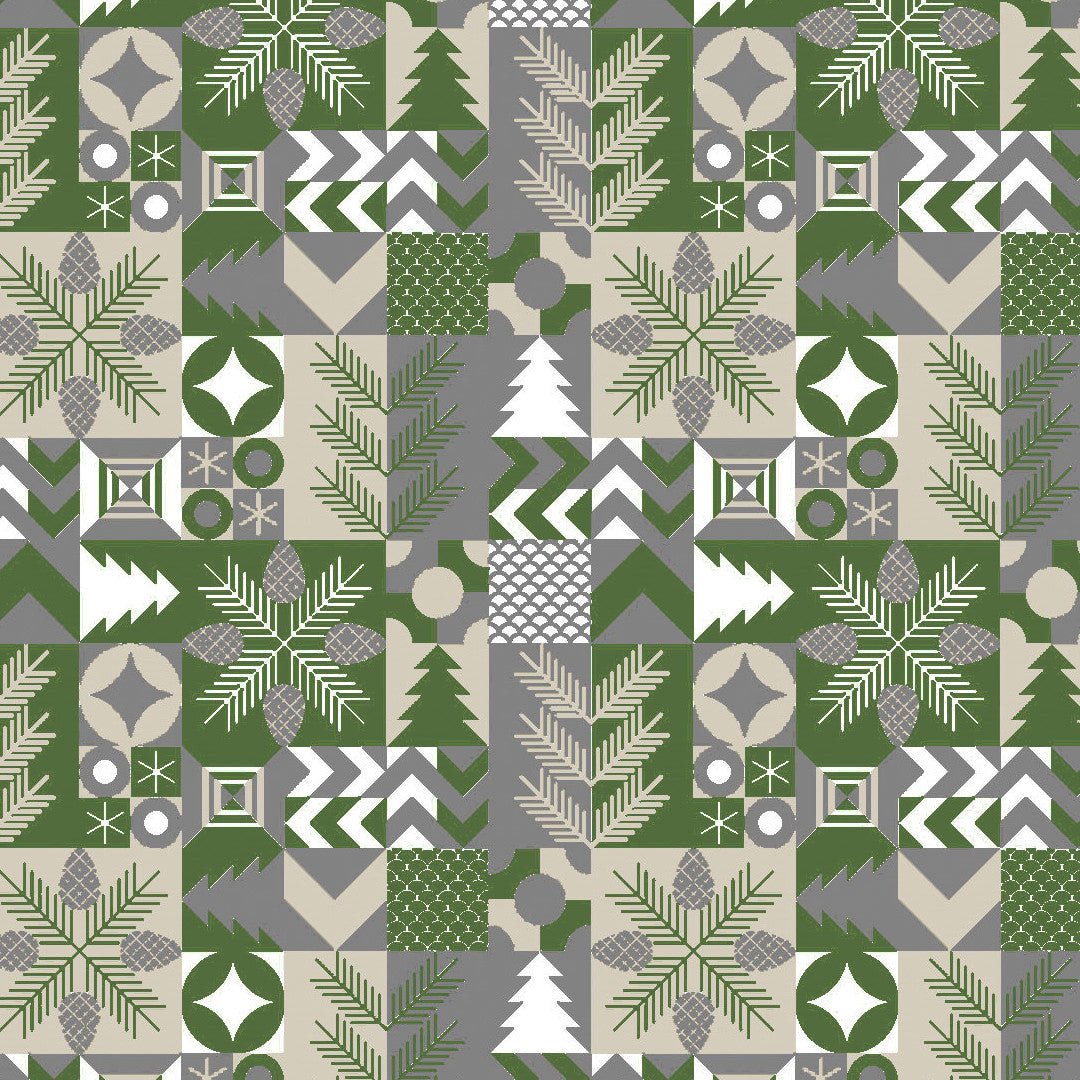 Gesamtes Muster der Merry Present Green Wachstuch Tischdecke für Weihnachten mit Tannenzweigen, Zapfen und geometrischen Formen