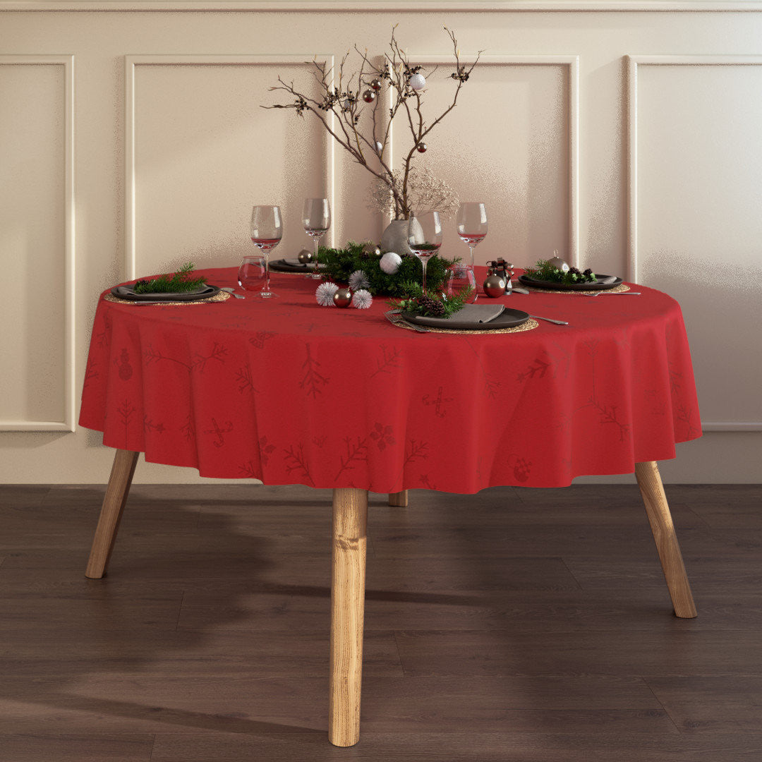 Noel Engholm runde Weihnachtstischdecke – jacquardgewebte abwaschbare Tischdecke in Rot mit rutschfester Unterseite